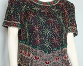 Vintage Laurence Kazar Beaded Formal Floral Black Top