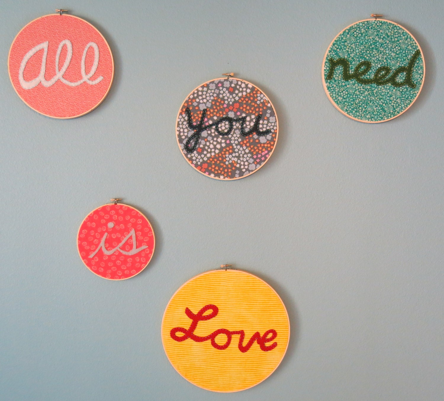Beatles Embroidery Hoop Art All you need is Love Handmade with Felt & Fabric yellow, red, pink, blue, white, green