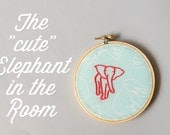 Pink Elephant in the Room - Embroidery Art - Super Cute Mint Fabric with Hot Pink thread