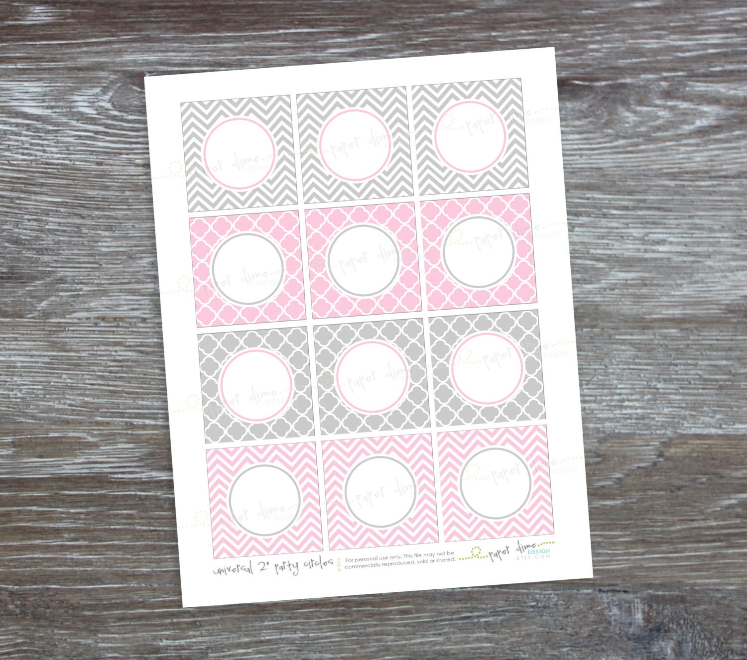 INSTANT DOWNLOAD - Editable and printable PDF 2 inch party circles: Light Pink and Gray - Type your own text and print
