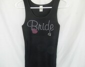 Bride Rhinestone Black Tank Top, Pink and Clear Rhinestones. Removable Engagement Wedding Ring Charm Attached, Unique Bridal Wear