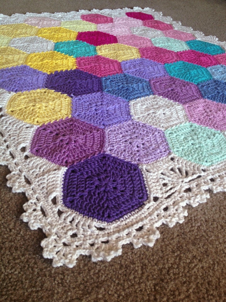 BabyLove Brand Geometric Lace Blanket/Afghan in Disney Princess colors, handmade crochet beautiful color throw - custom order - 48"x48"