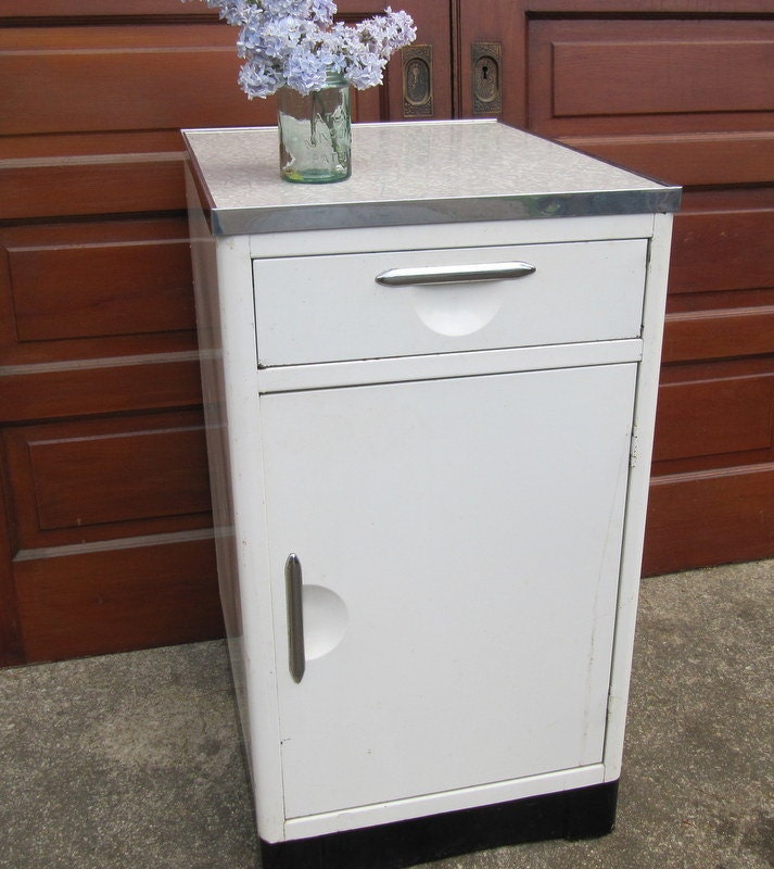 Metal Kitchen Cabinet with Enamel Top, Mid Century