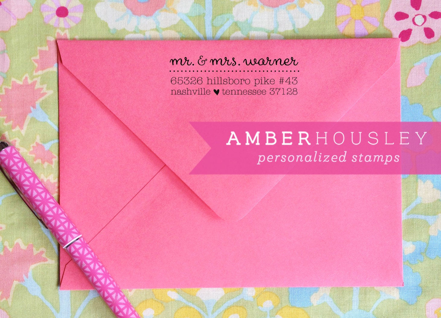 Custom Wood Handle Return Address Rubber Stamp Personalized with Cursive Calligraphy and Heart