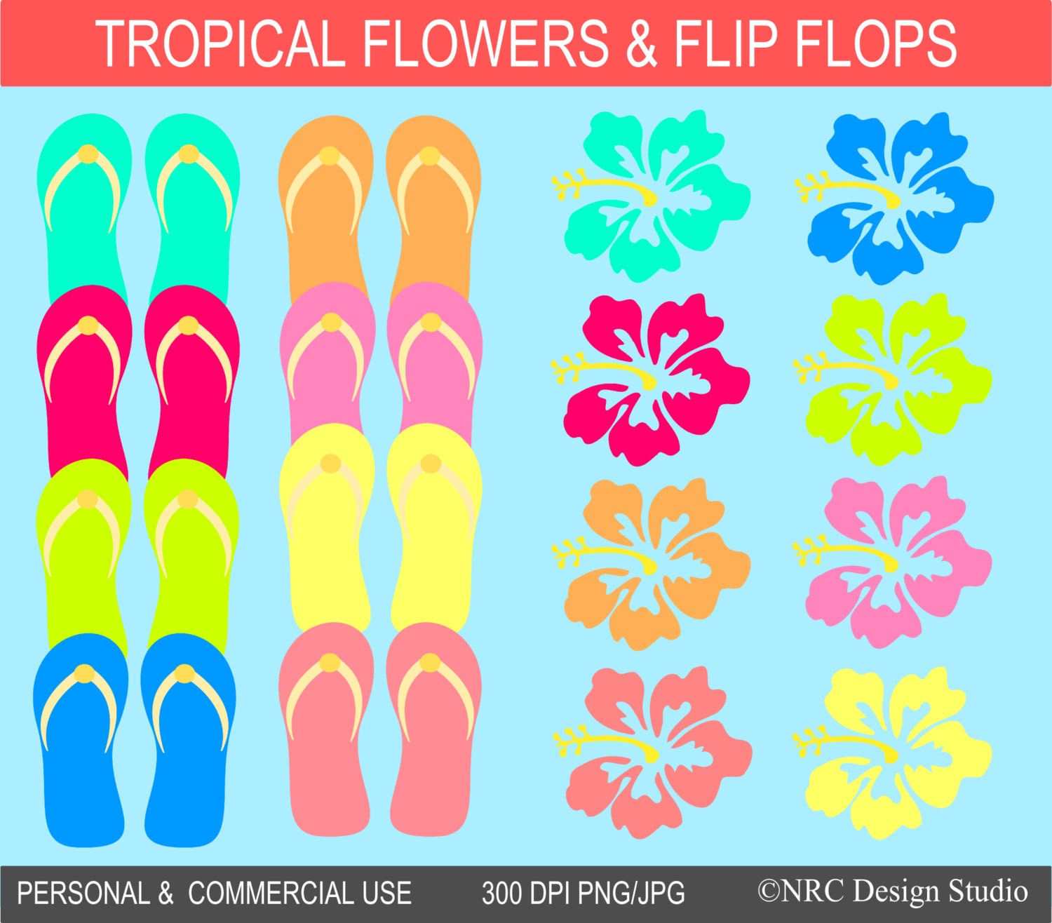 Tropical Flowers and Flip Flops Clip Art Graphics - Digital Clipart Commercial Use - Instant Download Il_170x135