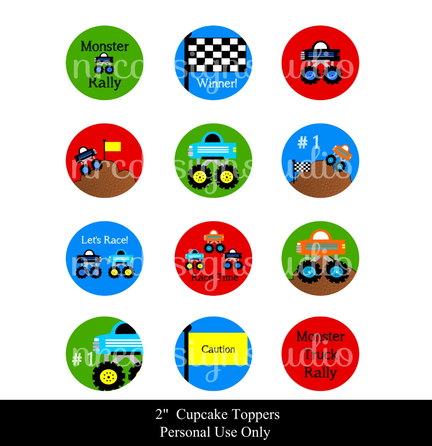 WINTER SALE - 2 Inch Round Circles - Monster Truck Party - Printable Monster Truck Cupcake Toppers Il_570xn