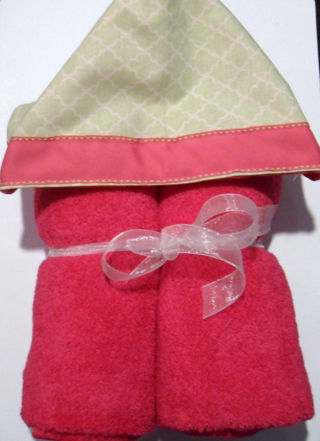 Handmade Lime Green Shrine Lattice Fabric Hooded Towel with Hot Pink Grosgrain Ribbon Trim