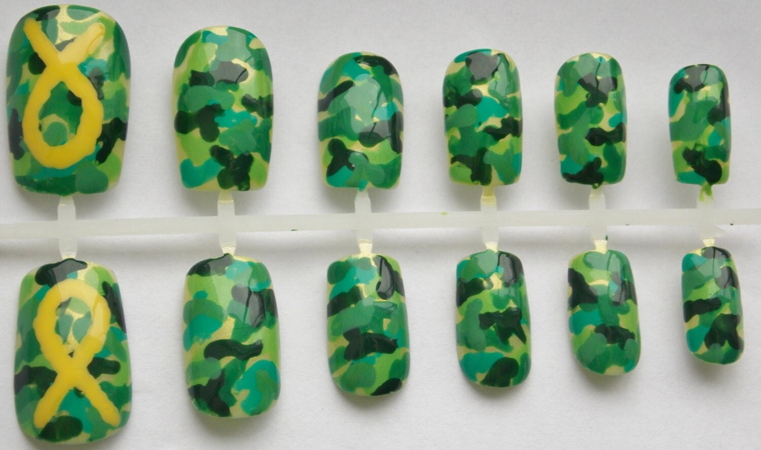 Items similar to Camo Fake Nails with Yellow Ribbon - False, Artificial, Acrylic, Press-On on Etsy