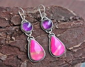 Hot Pink Amethyst Earrings Hot Fuchsia Agate Amethyst Dangle Earrings Sterling Silver Silversmithed Metalsmithed - ManariDesign