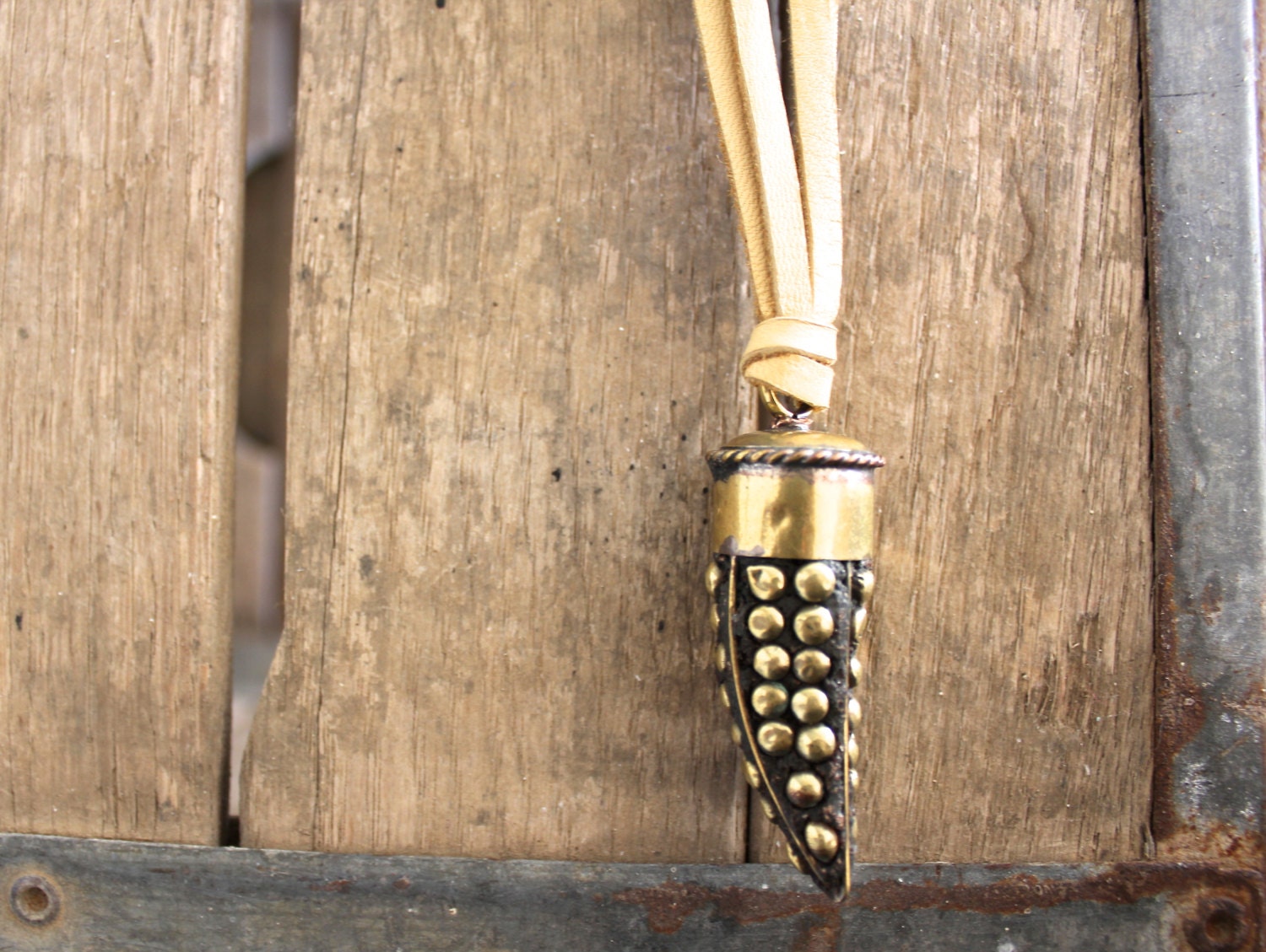 Brass Stud Handmade Tibetan Tusk Pendant with leather cord Necklace