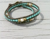 Turquoise Peal and Gold Beaded Leather Wrap Bracelet