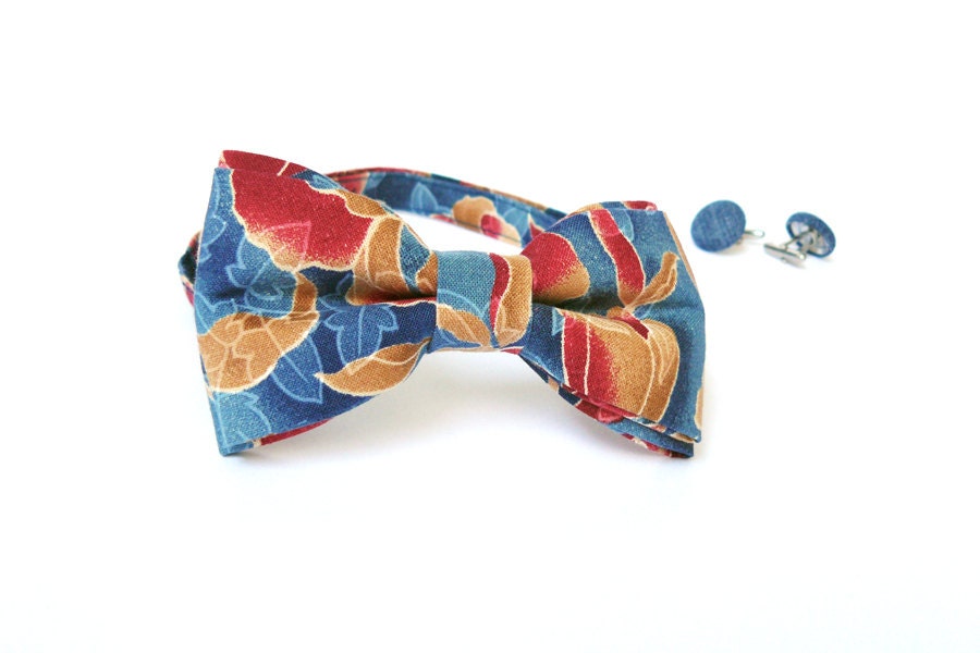 Mens bow tie freestyle groom wedding hipster classic retro necktie chic handmade gift for him by Bartek Design - blue brown honey red flower