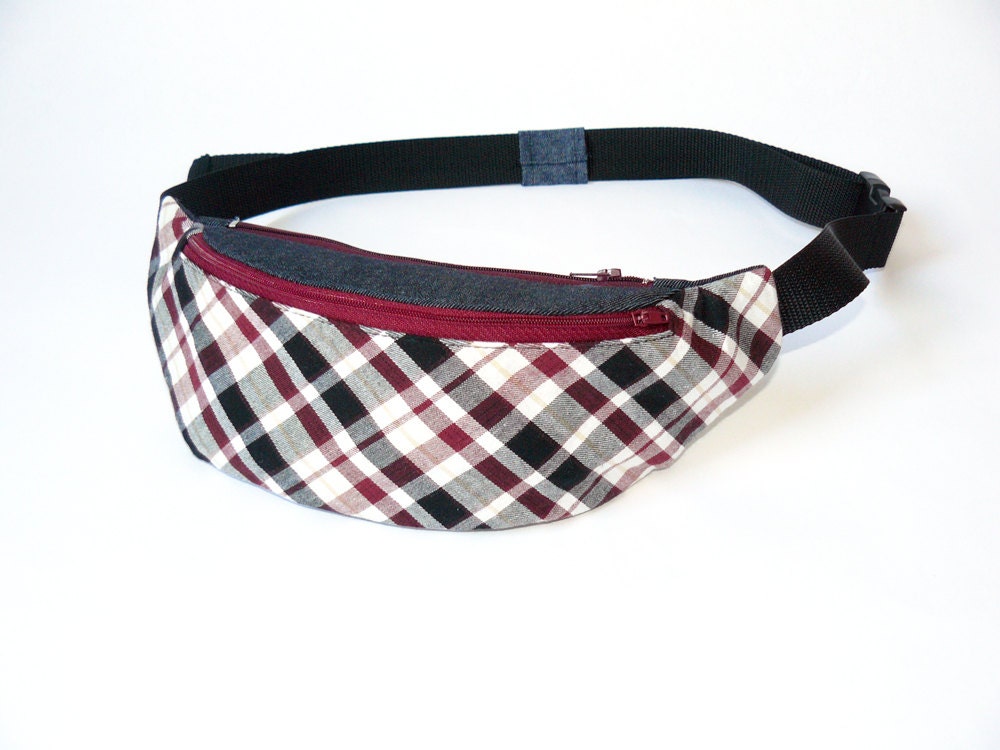 Fanny pack waist bag festival belt bag hip bag by BartekDesign - tartan black white maroon burgundy summer