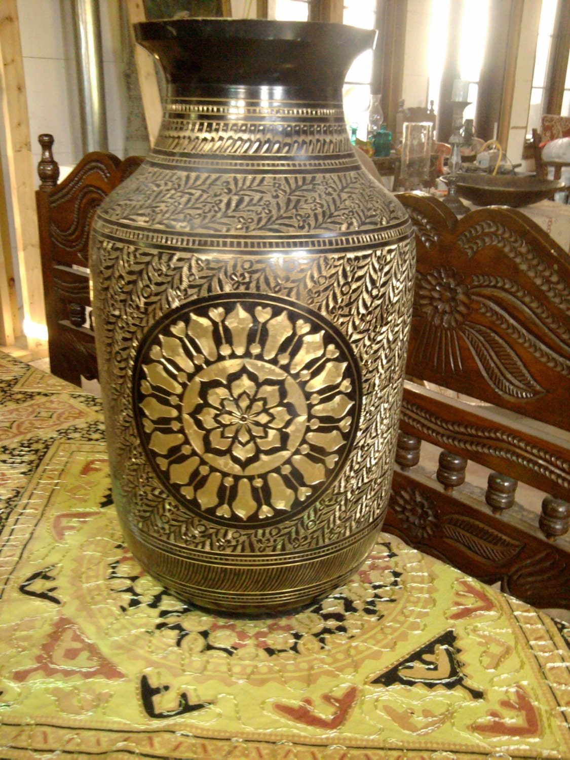 Large India Solid Brass Etched Vase With by TradewindsFolkArt