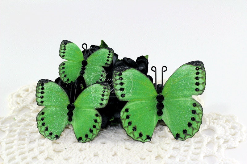Lucky Green Butterflies - Handmade Scrapbooking Embellishment - 3 Pieces