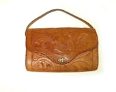 Vintage 70s MEXICAN Tooled Leather BOHO Hippie Leaf Floral Design Purse