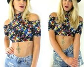 Vtg 90s Black Floral CUTOUT Cropped High Neck Top