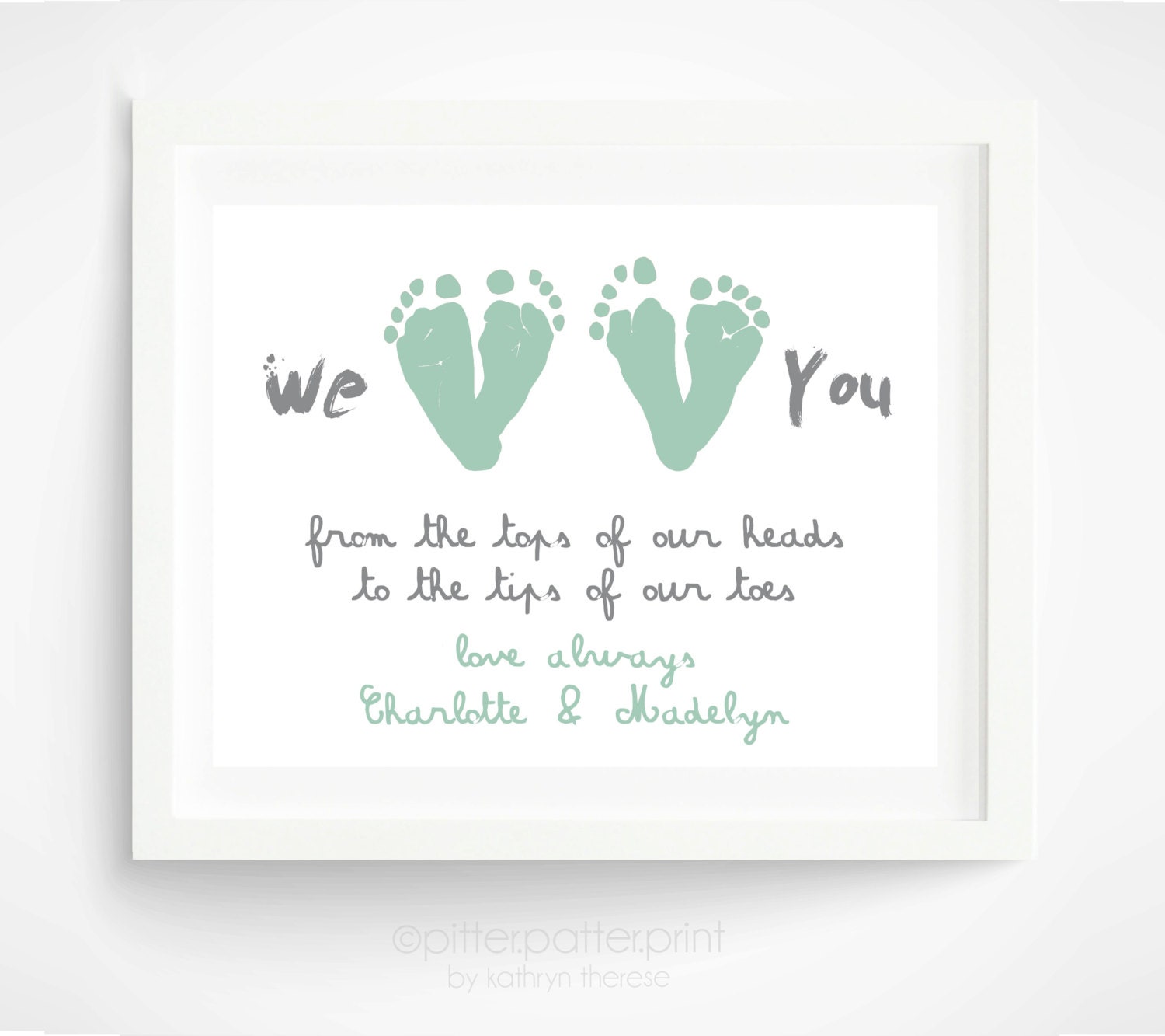 Mother's Day Gift from Twins, Children - Mint Personalized Gift for Grandma - We Love You Baby Footprint Art - Gift for New Mom, Grandmother
