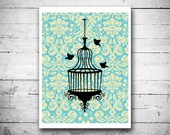 Mixed media Whimsical Birdcage Art print Silhouette art Wall decor Cottage Chic Poster Baby blue and cream damask print Gift for her