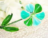 Vintage BIG Flower Power Brooch / Pin, Designer WEISS, Blue Green Enamel Daisy, 1960s 1970s Hippie, Spring Summer Floral Nature Jewelry