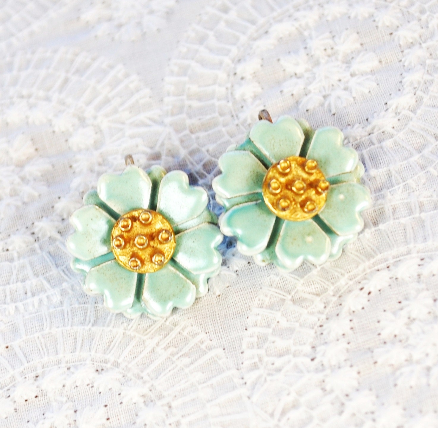 Vintage Flower Power Earrings, Seafoam Blue Enamel, Heart Petals, Gold Tone, Clip-ons, 1970s Hippie Floral Spring Jewelry