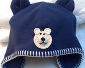 Baby Boys Navy Blue Fleece Hat -  Handmade Teddy Bear - Sizes 0-3, 3-6 months