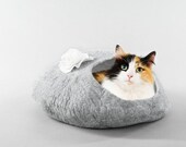 Cat Bed Cat Cave Cat House Felted Grey with Flower and FREE Cat Ball