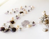 Perfume Bottle Statement Lariat Necklace with Amethyst and Pearls