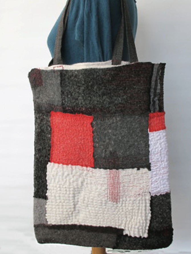 nuno felted chic tote bag black white grey red color block - FREE INTERNATIONAL SHIPPING - - gaiagirard