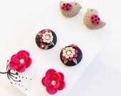 Pink Post Earrings, Earrings Set, Little Birdie Earrings, Flower Earrings, Pink and Black Earrings, Polymer Clay Earrings, Gift Set, Spring