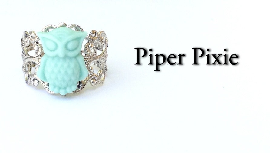 Mint Owl Ring, Silver Adjustable Ring, Filigree, Mint Jewelry, Mint Green, Shabby Chic, Owl Jewelry, Gifts for Her, Spring Fashion