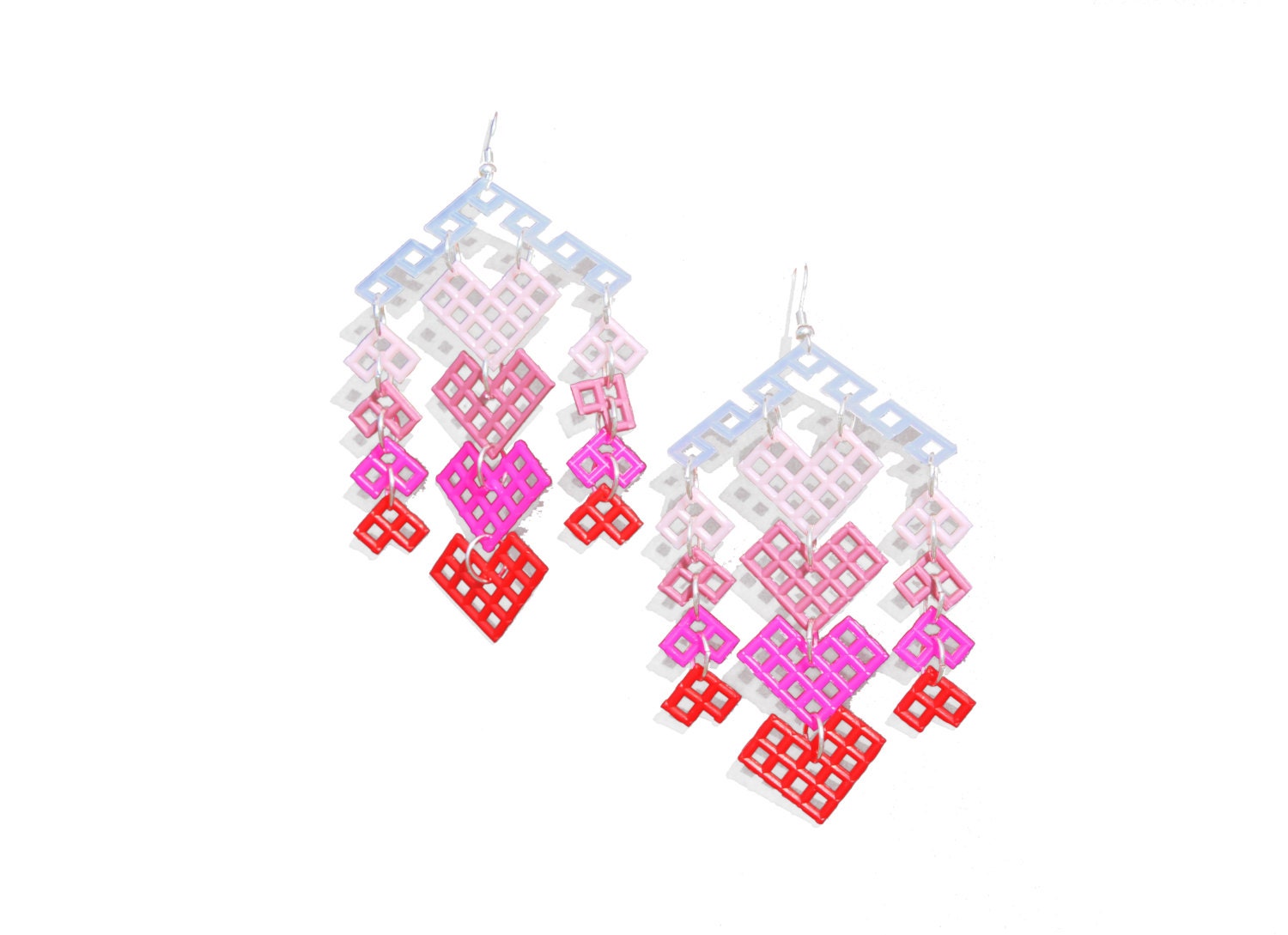 VALENTINES DAY Red and Pink Heart Chandelier Chain Mail Dangle Earrings