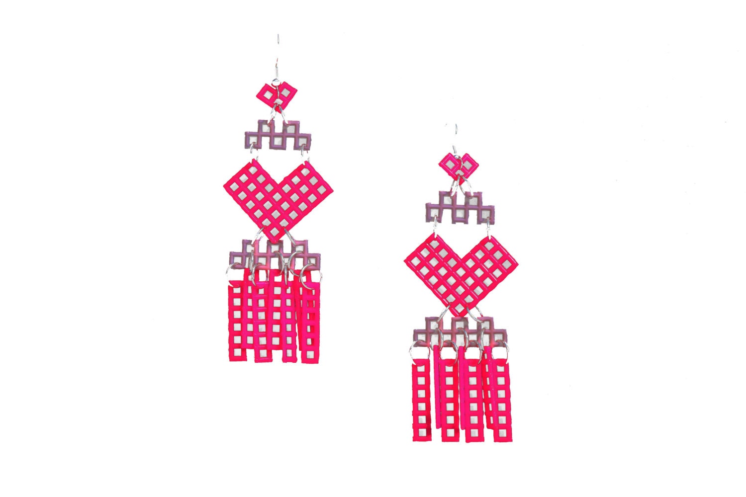 VALENTINES DAY Pink Heart Fringe Chain Mail Dangle Earrings