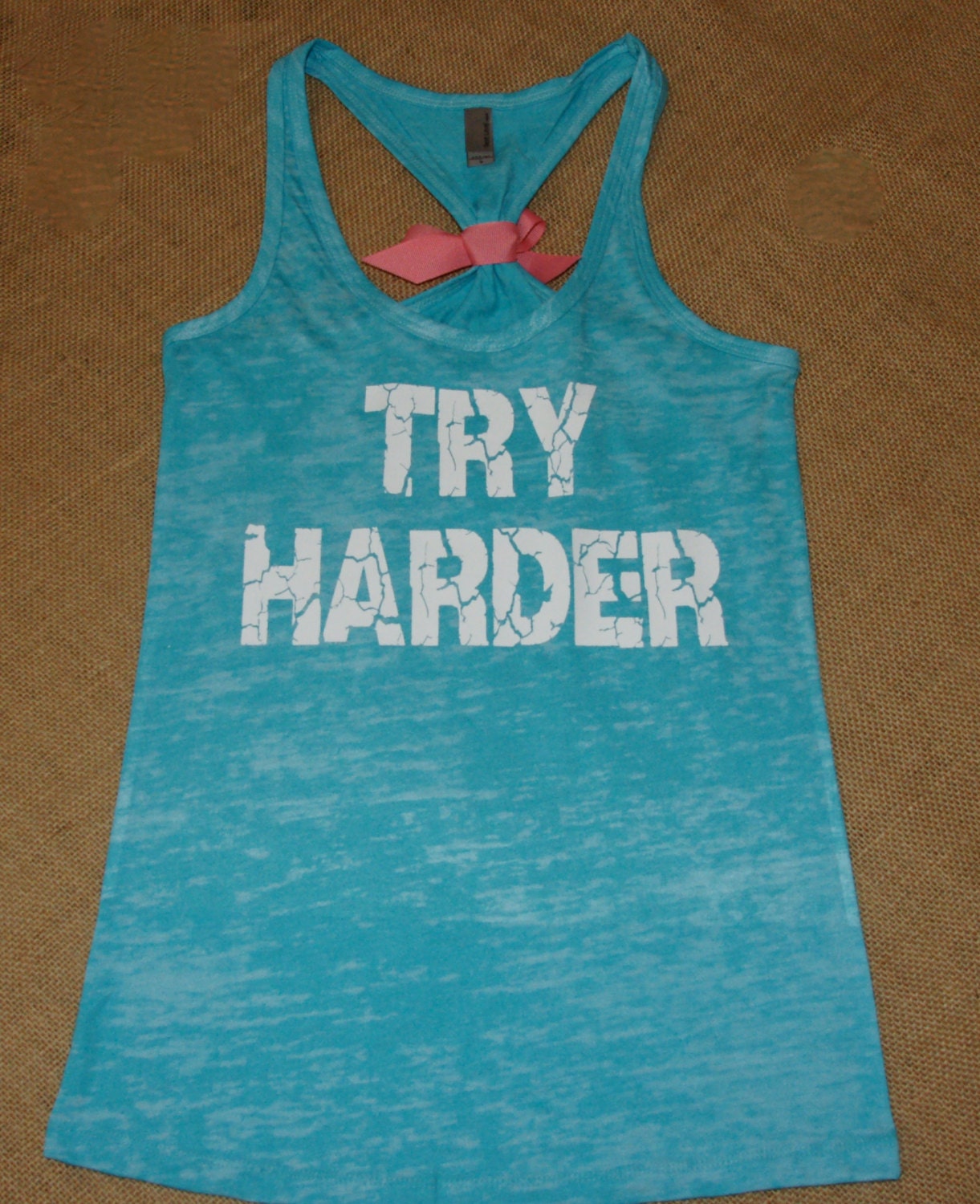 Try Harder. Crisp White on Ocean Blue racerback burnout tank top. S-2XL. Exercise Shirt. Gym. Runner. Run. Marathon.