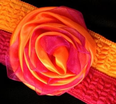 Handmade Fabric Flower in Orange and Pink, Hair Clip, Clothing Accessory, Brooch, Rolled Rose Hair Accessory