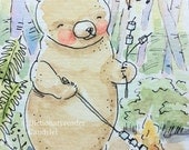 Childrens Original Illustration Squirrel Bear Sharing Love Candylei Christmas Gift Botanical Woodland Watercolor ACEO Art Painting