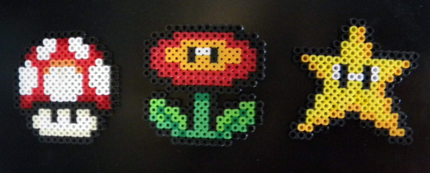 Mario Power Up Perler Bead Sprite Magnet Set Video Game Nintendo