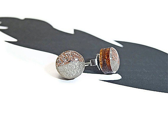 Round wooden stud post earrings silver shimmer and gold glitter asymmetrical design