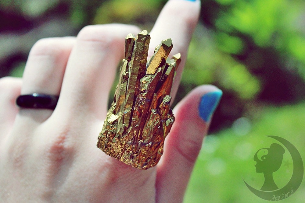 large golden quartz cluster ring