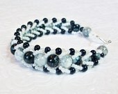 Marbleized Black and White Glass Bead Handmade Flat Spiral Bracelet with Toggle Clasp - Size Medium 7.5"