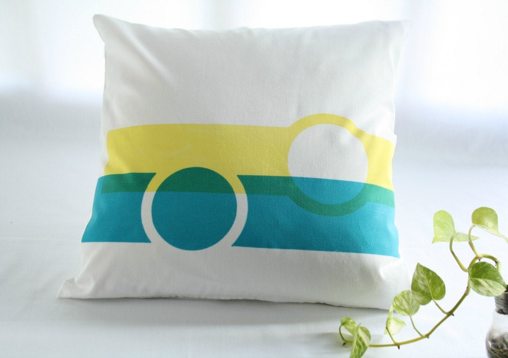 Decorative Throw Pillow  hand printed White yellow turquoise cushion cover