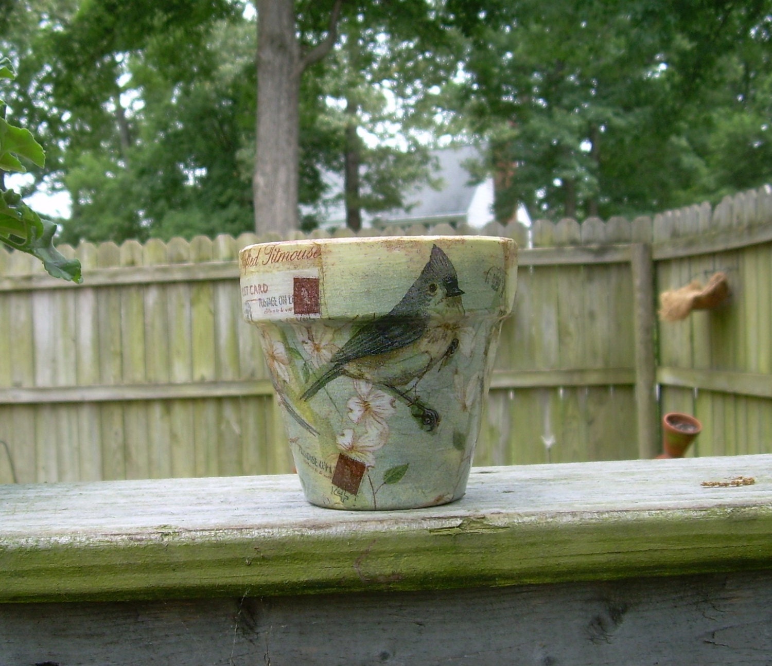 Handmade Decoupage Terra Cotta Clay Flower Pot Tufted Titmouse Bird