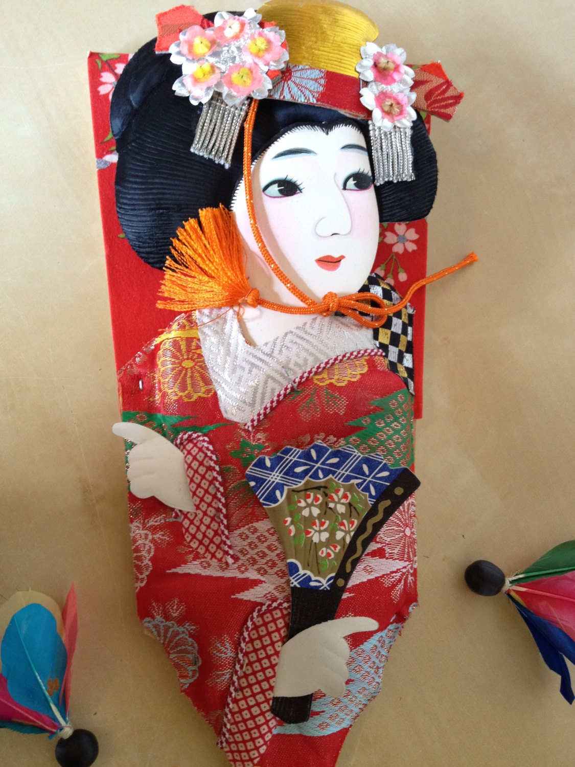 Vintage Japanese geisha New Year's hagoita battledore paddle and shuttlecocks