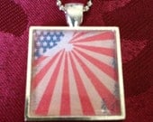 Red, White & Blue Flag with Eagle Silver Square pendant necklace on ball chain