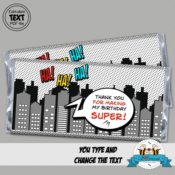 INSTANT DOWNLOAD - EDITABLE Pop Art SuperHero - Hershey's 1.55oz. candy bar wrappers - Personalized SuperHero Party - Printable pdf