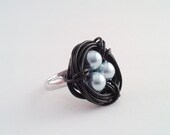 Bird Nest Ring, Light Blue Glass Beads in Black Wire Nest, Adjustable Silver Band