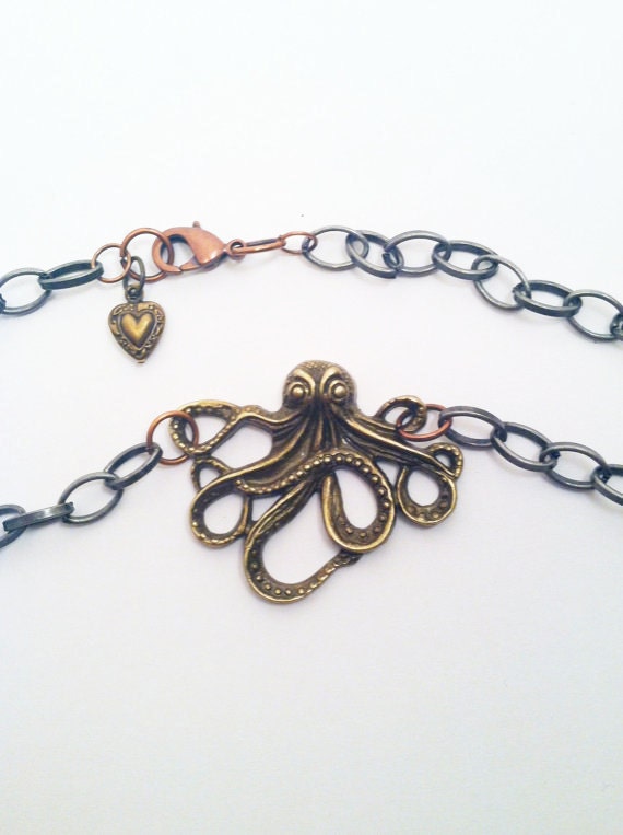 Mixed Metal Octopus Steampunk Necklace. Copper, Gunmetal, Brass. Chunky, Heavy Chain.