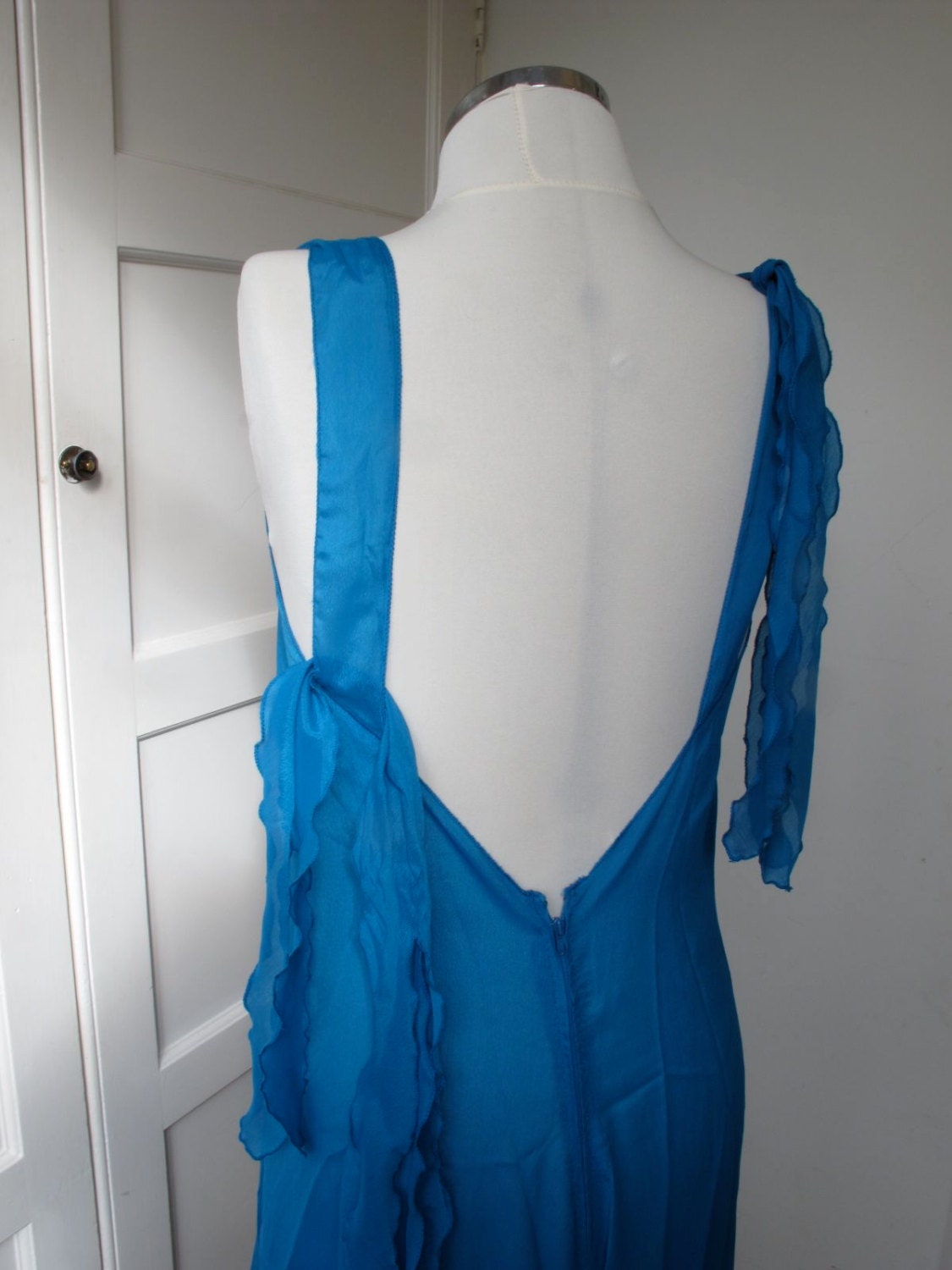 Cobalt blue/turquoise crepe chiffon dungarees playsuit with low back and wide legs
