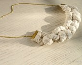 Eco friendly fashion urban bib necklace. Natural cotton rope, knots, gold colored end caps, vintage cotton lace. Ready to ship.