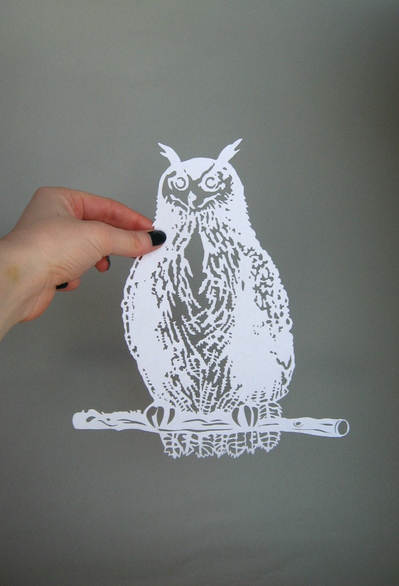 Perched Great Horned Owl Paper-cut Scherenschnitte in White